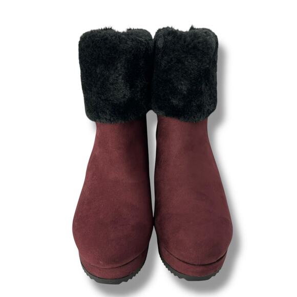 NEW DKNY Red Wedge Boots Size 5.5 Merlot Maroon Faux Fur Winter Booties Heels - Picture 7 of 12